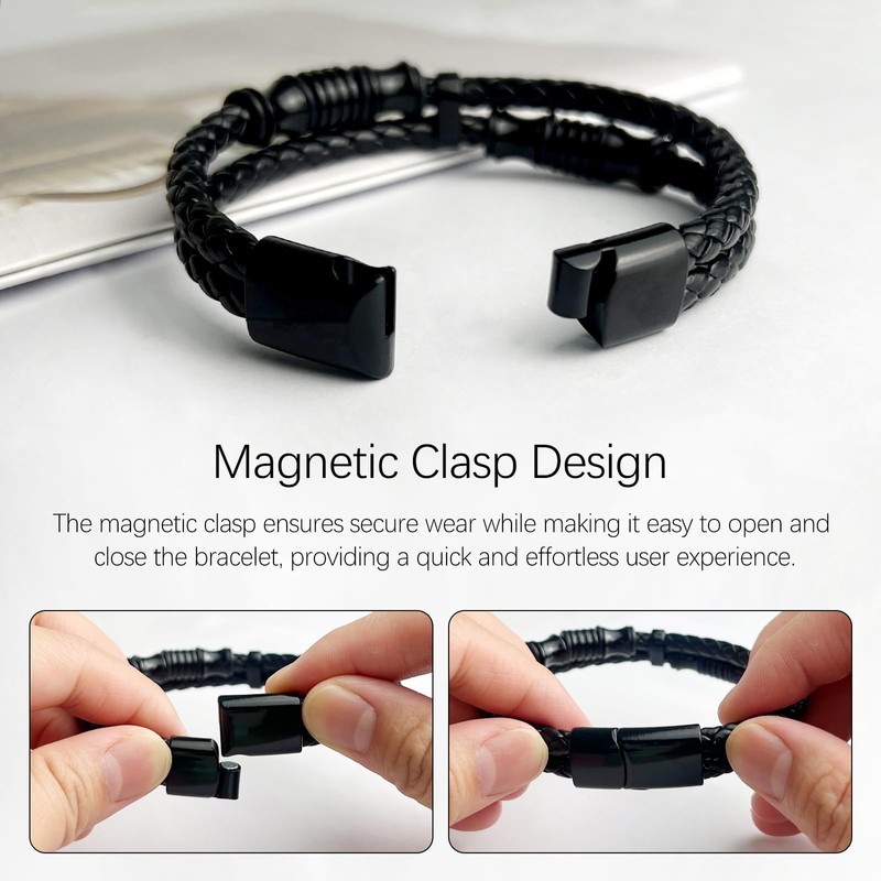 Tienyuu Men’s Double-Row Braided Leather Bracelet with Stainless Steel Ornaments