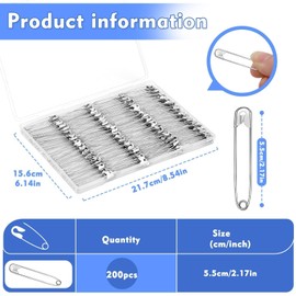 Mnuizu 2.2inch/55mm Safety Pins Bulk, 200Pcs Heavy Duty Large Safety Pins for Clothes, Jewelry Making, Sewing Craft