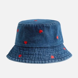 Women's Denim Bucket Hat – Heart Print Wide Brim UV Protection Lightweight Autumn Outdoor Fisherman Hat for Casual Travel Streetwear