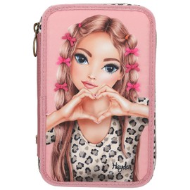 Depesche 13640 TOPModel LEOHEART with Bows Filled 3-Compartment Pencil Case in Pink with Model Motif and Colourful Patches, Pencil Case with Colouring Pencils, Ruler, Scissors and Much More