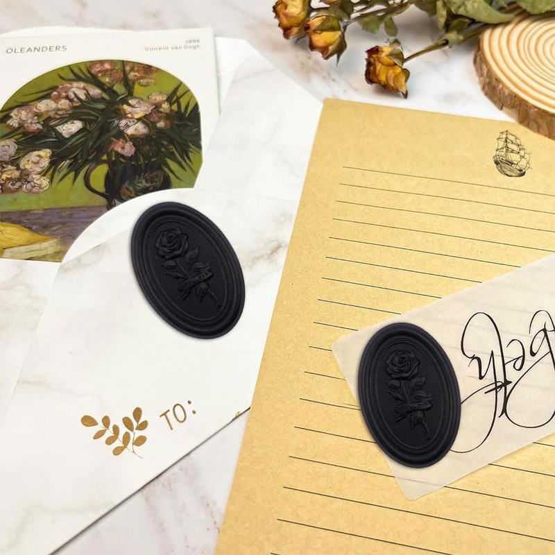 Aiviman Rose Oval Wax Seal Stickers, 50Pcs Black Self-Adhesive Envelope