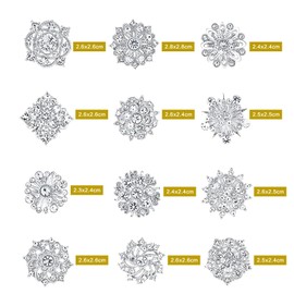 12 Pcs Rhinestone Brooch,Silver Crystal Flower Brooch Pins for Women,Assorted Small Size Decorative Brooch Pins for Crafts,Flower Lapel Badge Pins for DIY Crafts,Lapel Badge,Bridal Wedding Bouquet