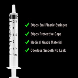50 Pack 3ml Plastic Syringes with Caps for Science Labs, Liquid Measuring, Watering, Refilling, Oral,Pet