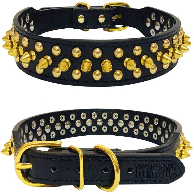 TEEMERRYCA Leather Dog Collar with Gold Spikes for Small Medium