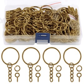 Swpeet Juego de 450 llaveros planos de bronce de 25 mm, incluye 150 llaveros divididos con cadena y 150 anillos de salto con 150 pines de ojo de tornillo a granel para hacer accesorios de joyería