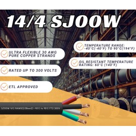 100 Feet 14/4 SJOOW Cable Cord 14 AWG 4 Conductor SO Wire - 14 Gauge 4 Conductor (14/4 Wire) 300V Portable Power Extension Cable for Motor Leads, Portable Lights, Battery Chargers