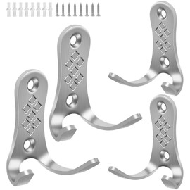 TOKPLNU Coat Hooks for Wall, 4 Pack Wall Mounted Door Hooks with Screw, Stainless Steel Double Robe Hook for Hanging Coat Towel Hat Bag Key, for Bathroom Door Kitchen,Brushed Silver