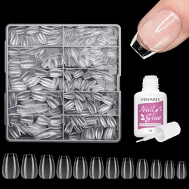 Tips for Gel Nails with Glue, Venares 500 Pieces Coffin Fake Nail Tips Clear, 10 Sizes Nail Tips for Gel Nails Transparent, Half Nail Tips Set with Glue and Box