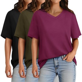 GAYHAY 3 Pack V Neck T Shirts for Women - Casual Loose Fit Spring Summer Tops Trendy Soft Short Sleeve Basics Tees Black Army Green Purple