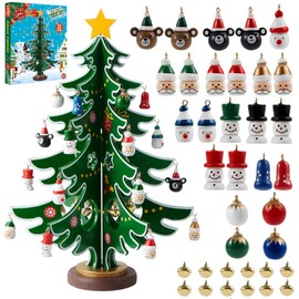 Advent Calendar 2024 Christmas Tree Building Blocks Wooden 36 Ornaments Decoration Gnome Snowman 24 Days Christmas Countdown to Christmas Tree Xmas Advent Calendar Boxes to Fill for Kids Grils Boys