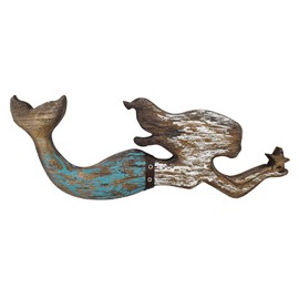 Rustic Wood Mermaid Decor Hanging Nautical Wall Decor, Wooden Mermaid Plaque Wall Sculpture Bathroom Beach Themed Decorations Coastal Mediterranean Wall Art for Home Farmhouse (Teal 17X6.5 Inch)