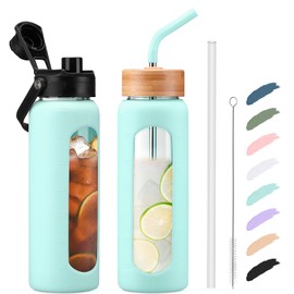 Kodrine Water Bottle with Straw, 24 oz Glass water Bottle with 2 Lids Bamboo Straw Lid and Spout Lid with Handle, Clear Water Bottle Glass for Sports Travel, Waterbottle with Time Marker, Light Blue