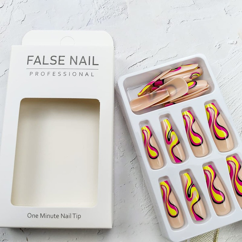 Coffin Press on Nails Long, Ballerina Fake Nails With Designs,