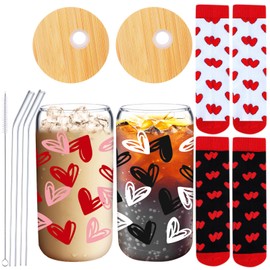 Domensi 2 Sets Valentine's Day Iced Coffee Cups with Heart Socks Valentines Day Gifts 20 oz Hearts Glasses Cup with Bamboo Lid and Glass Straw Can Shaped Beer Glass for Women Men Valentine Party