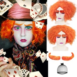 ANOGOL Wig Cap+ A Pair of Eyebrow Mad Wig for Men Orange Wigs Short Curly Cosplay Wigs with Middle Part Synthetic Hair for Anime Costume for Halloween Party Funny Hair for Adult