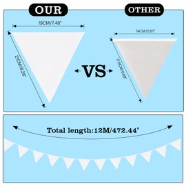 G2PLUS 12 m White Bunting Fabric, Pack of 42 Large Fabric Garland, 19 x 21 cm Fabric Bunting Garland for Wedding, Home and Garden Decoration