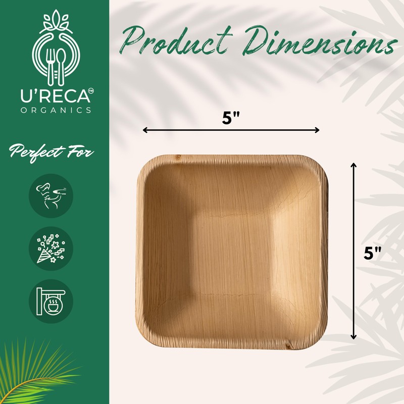 U'reca Organics Eco-Friendly Palm Leaf Bowls | 5" Square Deep