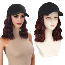 AliRobam Synthetic Wig Hat with Natural Wave hair Extensions attached for woman Baseball cap wig burgundy curly wavy Hairstyle Adjustable Hat Wig (530, 14inch)