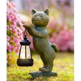 Solar Garden Statues Cat Figurine with Solar Light Outdoor Decorations for Patio Yard Lawn Ornament Outdoor Housewarming Birthday Gifts for Women Mum Grandma Copper Patina