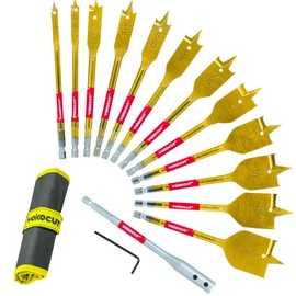 Spade Drill Bit Set, 13pcs Paddle Bits in SAE, 1/4 Hex Shank Flat Wood Bits for Woodworking, 1/4" to 1-1/2" Spade Bits for Wood with Nylon Storage Pouch