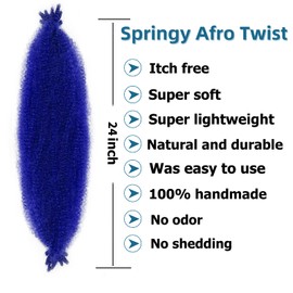 Springy Afro Twist Hair 24 Inch 8 Packs blue Marley Hair Pre-fluffed Spring Twist Hair Twisted Up Twist Cuban Twist Crochet Hair Pre-separated Braiding Hair For Black Women (24inch, Blue, 8packs)