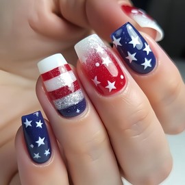 4th of July Press on Nails Red Blue Fake Nails with Stars Design Independence Day Glitter False Nails Medium Square Acrylic Nails Fourth of July Glossy Glue on Nails for Women 24Pcs