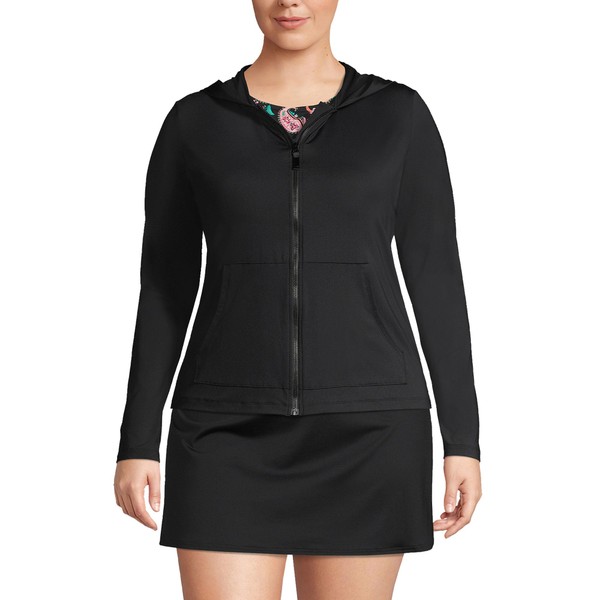 Lands' End Womens Hooded Zip Front Rash Guard Black Plus