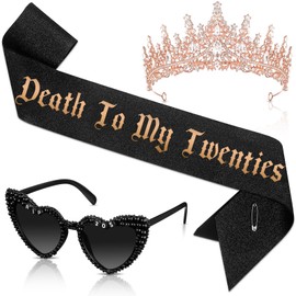 JaGely 3 Pcs 30th Birthday Party Accessories Set, Rose Gold Crown Gothic Tiara Rip to My 20s Sash Death to My 20s Sunglasses