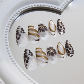 3D Gold Curve Line Press on Nails 24Pcs Turtle Print False Nails Glossy Brown Flower Acrylic Fake Nails Gel Glue on Nails for Manicure Irregular Stick on Short Almond Nails for Coquette Women Girls