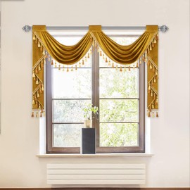 VOGOL Retro Gold Velvet Valances for Hotel, Thermal Insulated Privacy Waterfall Valance with 2 Swags, Vintage Style Rod Pocket Window Treatments for Farmhouse, 59 Inches Wide