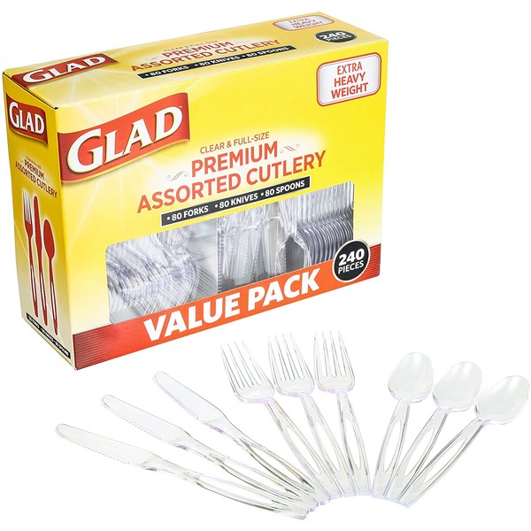 GladPremium Assorted Plastic Cutlery | Clear And Extra Heavy Weight Forks, Knives, And Spoons |240 Piece Set of Disposable Party Utensils