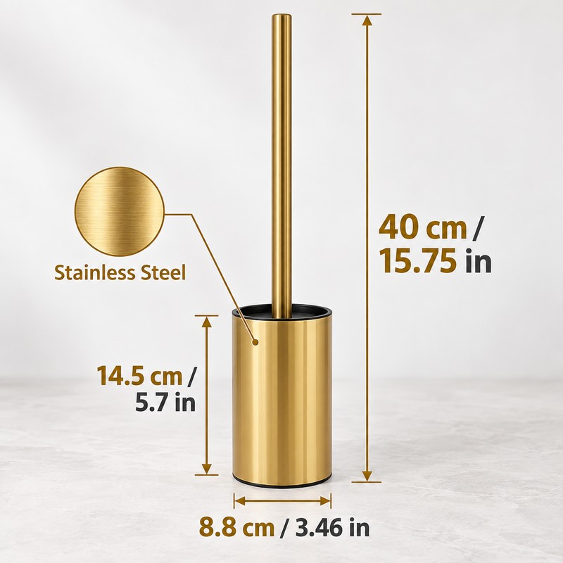 Gold Stainless Steel Toilet Brush and Holder Set with Long