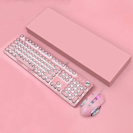 Basaltech Mechanical Gaming Keyboard and Mouse Combo, Retro Steampunk Vintage Typewriter-Style Keyboard with LED Backlit, 104-Key Anti-Ghosting Blue Switch Wired USB Metal Panel Round Keycaps, Pink