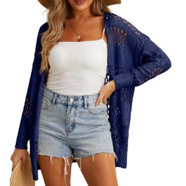 GRECERELLE 2025 Women Summer Crochet Boho Long Sleeve Lightweight Oversized Open Front Cardigan Sweaters Kimonos Tops, Navy Blue, Small