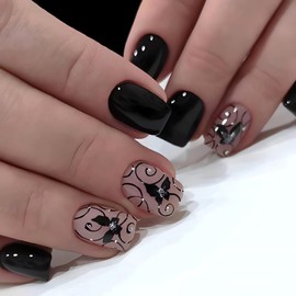 LPOODDNU 24Pcs Square Press on Nails Short Fake Nails Summer Stick on Nails Black Color False Nails with Butterfly and Vine Designs Cute Acrylic Nails Short Square Glue on Nails for Women & Girls