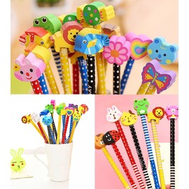 OFKPO 24 Pack Pencil Erasers Creative Student Wood Cute Animal Rubber Eraser Head for Kids Stationery School Pencil (Random Style)