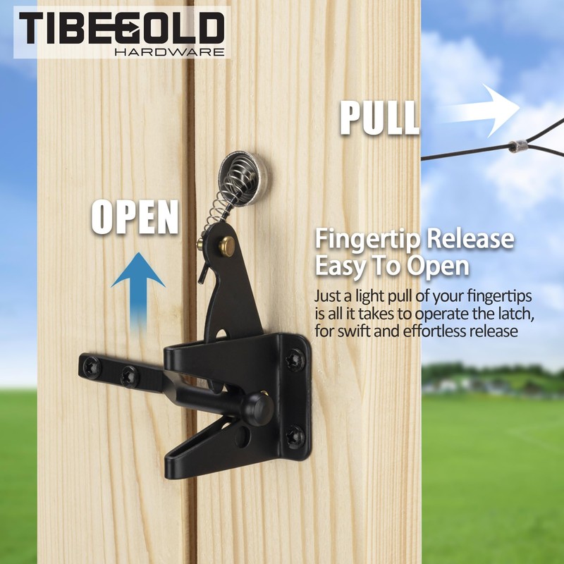 TIBEGOLD Self Locking Gate Latch with Spring Cable Pull, Black
