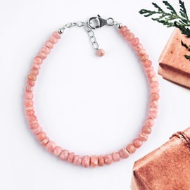 A+ Natural Pink Peach Rhodochrosite Gemstone Full Beads Dainty Bracelet for Women, Rhodium Plated 925 Silver Chain 20 cm, Crystals and Healing Stones, Birthstone
