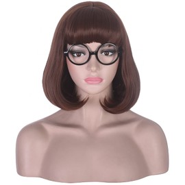 morvally Short Brown Bob Wig with Bangs for Velma Cosplay Costume Hallaween Party Including Glasses (Brown)