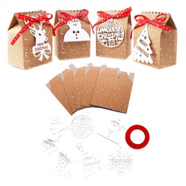 VEYLIN 24 Pack Christmas Kraft Gift Boxes for Xmas Party Decoration with 24 White Tags and Ribbon Ties (Assorted 6 Styles)