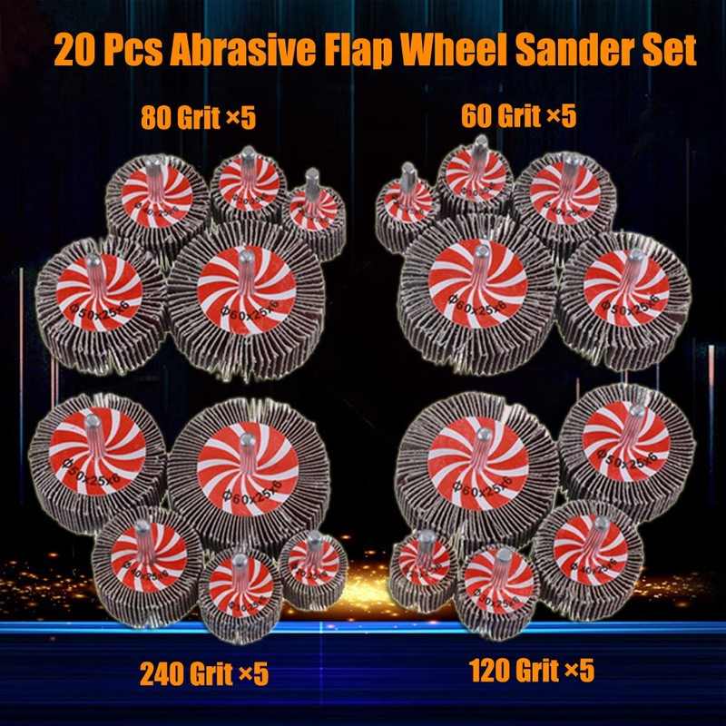 Mixiflor 20 Pcs 5 Sizes 60/80/120/240 Grits Abrasive Flap Wheel
