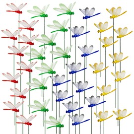 Allazone Pack of 40 Dragonfly Garden Stakes, Garden Dragonfly Decoration, Double Wings Dragonfly on Sticks, Garden Dragonfly Poles, Garden Ornaments for Yard, Patio, Party Decorations