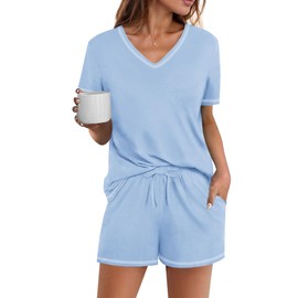 Ekouaer Womens Pajamas Sets Soft Cotton Pjs Short Sleeve Lounge Sets Casual Two Piece Pjs With Pockets Light Blue XXL