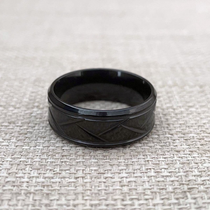 ZENSE - Men's Glossy Black Ring with Grooves ZR0177
