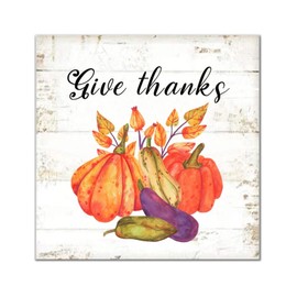 Give Thanks Wood Signs Vintage Fall Pumpkin Maple Leaves Wall Plaque Harvest Thanksgiving Wall Art Hanging Farmhouse Decoration Plaque For Home Room Office Garden Kitchen Housewarming Gift 14x14in