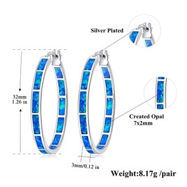 CiNily Blue Opal Hoop Earrings for Women,Big Hoop Earrings Large Opal Jewelry Rhodium Plated Gemstone Earrings 32mm
