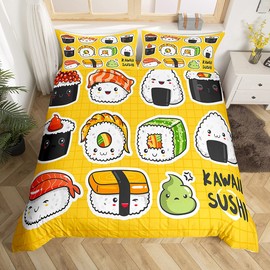 Bambini Sushi - Parure da letto 140 x 200 cm, in stile giapponese, per ragazze, motivo: Sushi giapponesi, copripiumino traspirante in griglia gialla, con motivo a quadri Room Decor