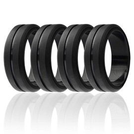 ROQ Silicone Rubber Wedding Ring for Men, Comfort Fit, Men's Wedding Band, Breathable Rubber Engagement Band, 8mm Wide 2mm Thick, Engraved Middle Line, 4 Pack, Black, Size 10
