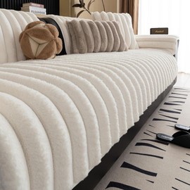 XSlive Faux Rabbit Fur Couch Sofa Cover Washable, Shaggy Fuzzy Sectional Couch Cover, Stripe Non-Slip Soft Plush Sofa Slipcover Furniture Protector for Dogs, Pets (Ivory,28"x28")