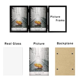 Triple 4x6 Photo Frame Hinged Folding Wood Picture Frame with Glass Front Stand Vertical on Desktop Black